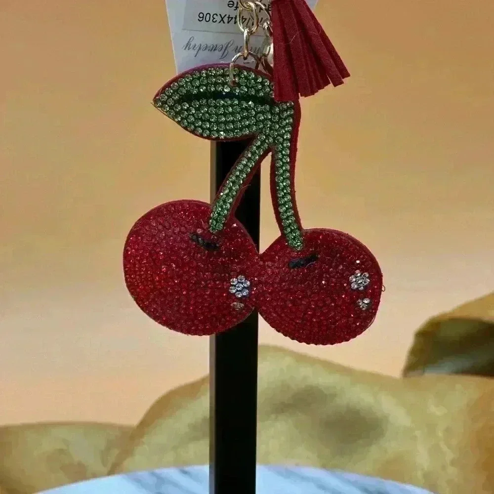 NWT Red Cherry Bag Charm or Keychain Ring Stainless Steel Flat Gem Cherries…